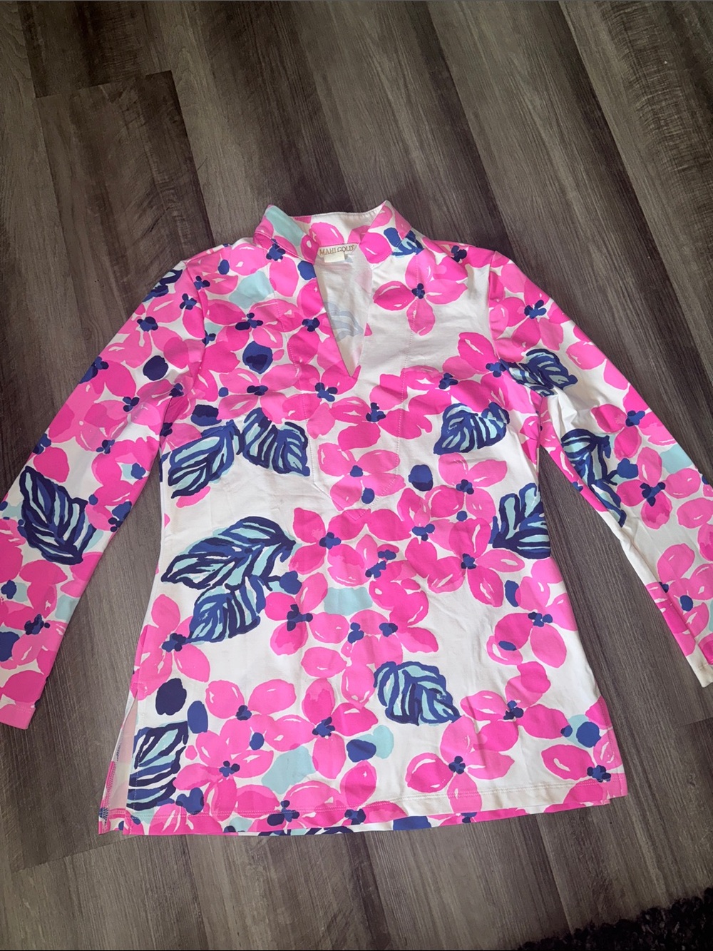 Mahi Gold Top medium Pink Tropical tunic Pullover Long Sleeve Shirt stretch